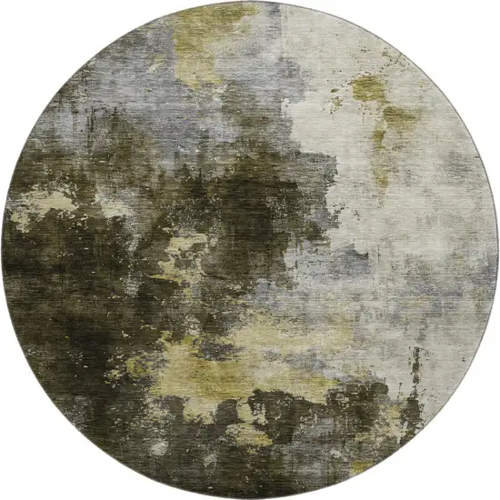 8' Brown Gold And Silver Abstract Washable Round Rug With UV Protection Photo 1