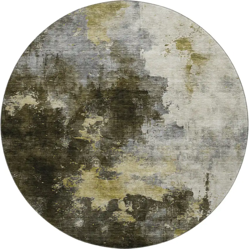 8' Brown Gold And Silver Abstract Washable Round Rug With UV Protection Photo 1