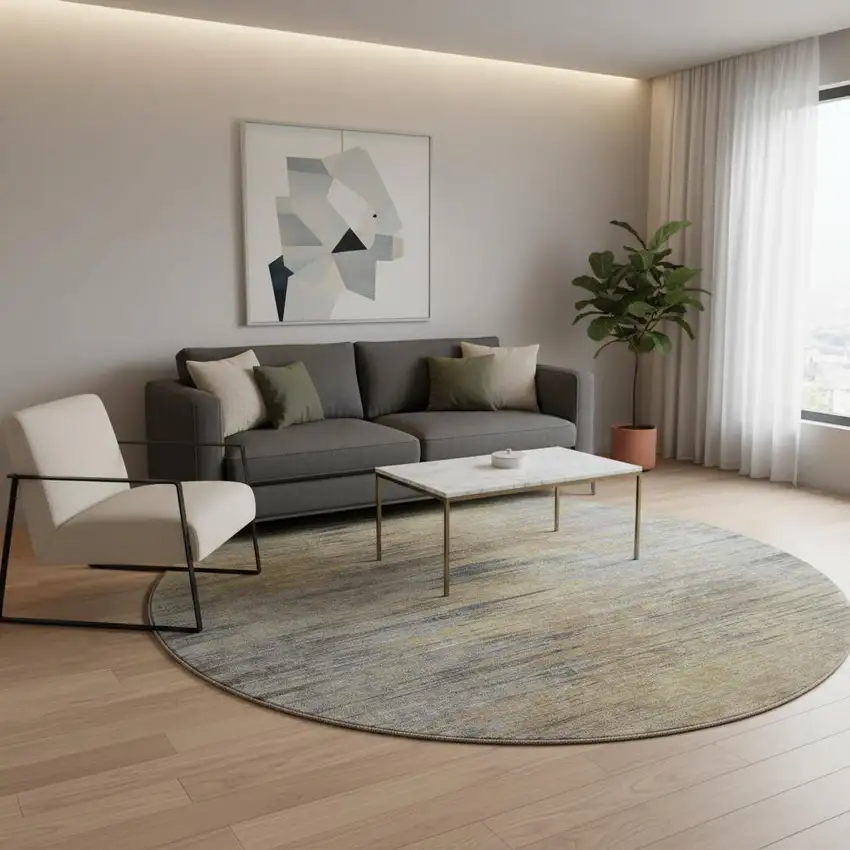 8' Brown Gold And Taupe Abstract Washable Round Rug With UV Protection Photo 2