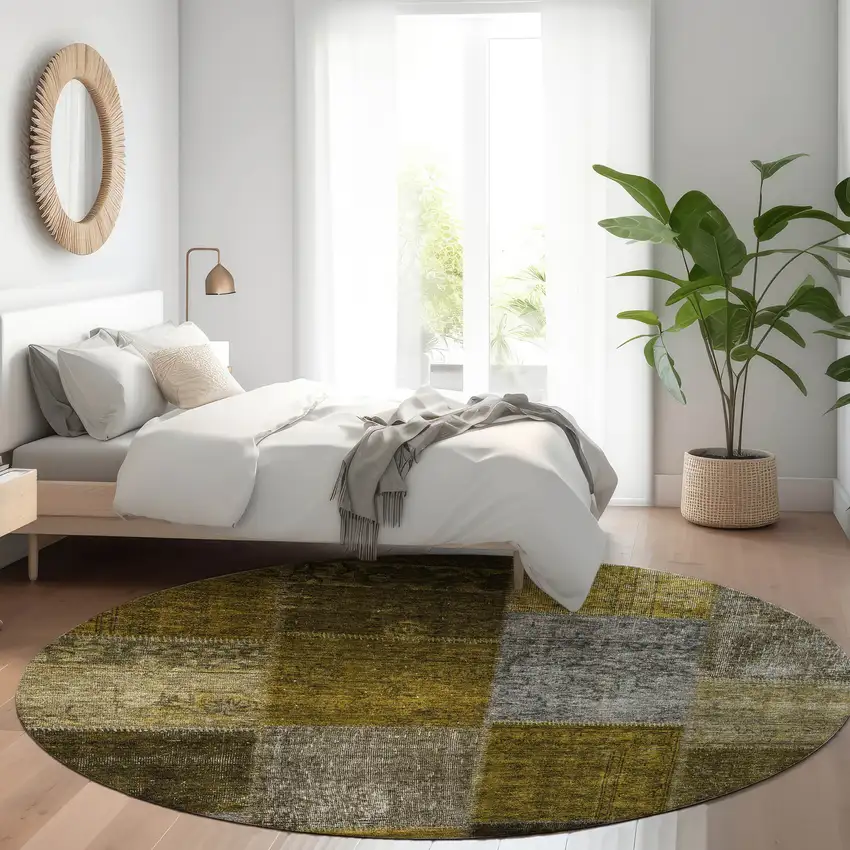 8' Brown Gold And Taupe Round Patchwork Washable Indoor Outdoor Area Rug Photo 8