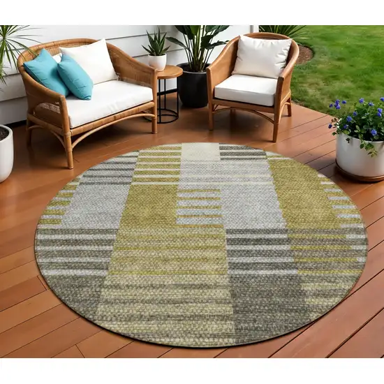 8' Brown Gold And Taupe Round Striped Washable Indoor Outdoor Area Rug Photo 1