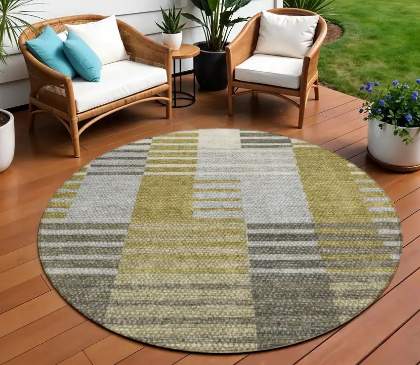 8' Brown Gold And Taupe Round Striped Washable Indoor Outdoor Area Rug Photo 1