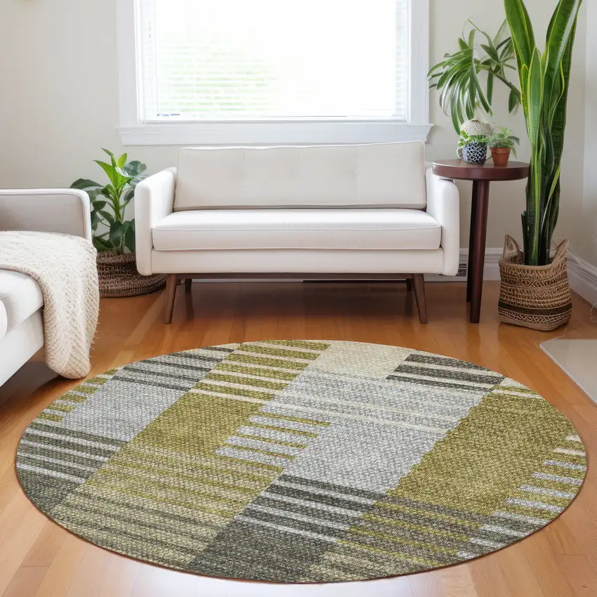 8' Brown Gold And Taupe Round Striped Washable Indoor Outdoor Area Rug Photo 8