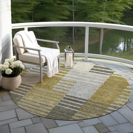 8' Brown Gold And Taupe Round Striped Washable Indoor Outdoor Area Rug Photo 7