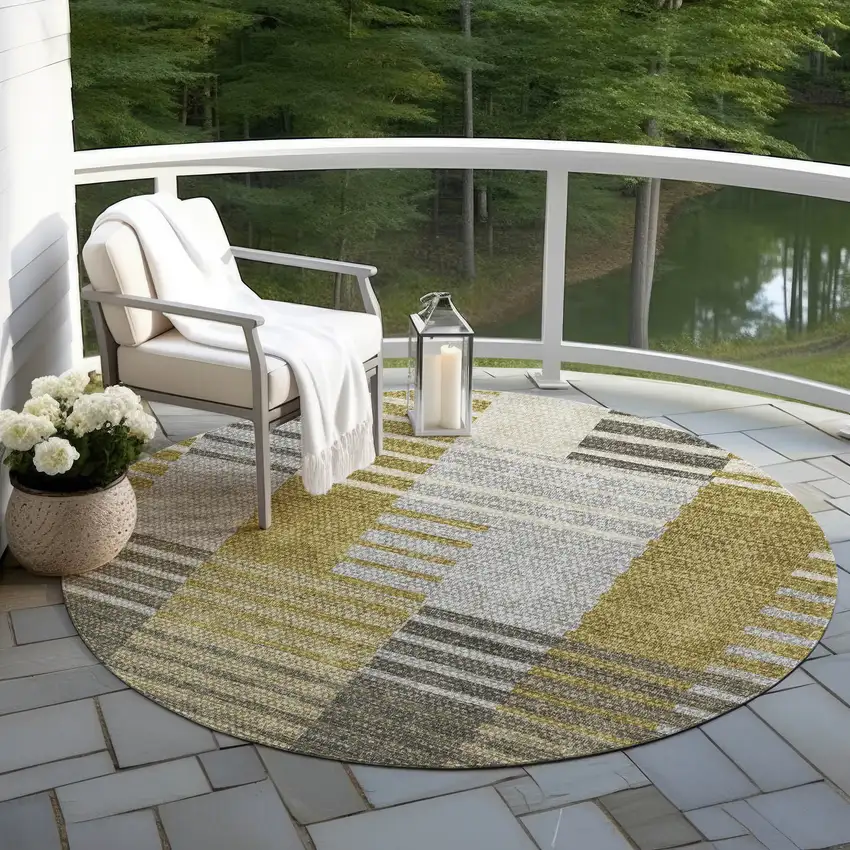 8' Brown Gold And Taupe Round Striped Washable Indoor Outdoor Area Rug Photo 7