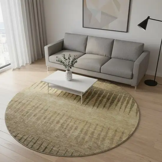 8' Brown Gold And Taupe Striped Washable Round Rug With UV Protection Photo 2