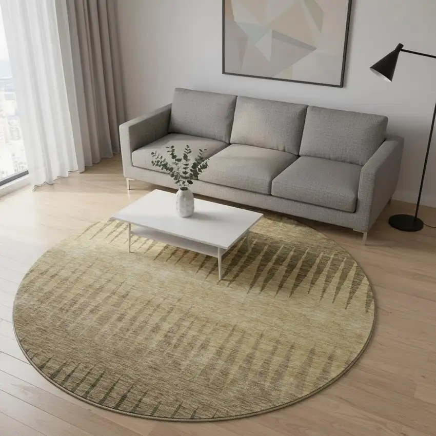 8' Brown Gold And Taupe Striped Washable Round Rug With UV Protection Photo 2