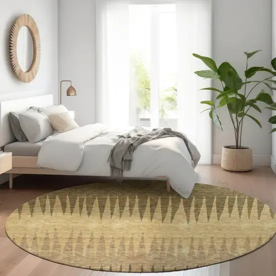 8' Brown Gold And Taupe Striped Washable Round Rug With UV Protection Photo 5