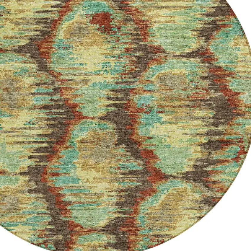 8' Brown Gold And Teal Blue Round Abstract Washable Indoor Outdoor Area Rug Photo 5