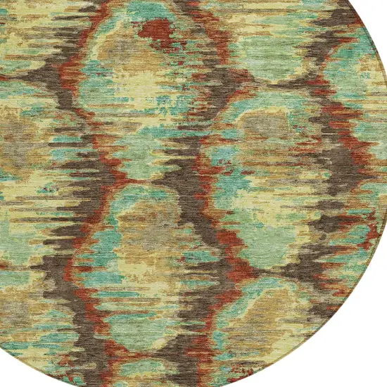 8' Brown Gold And Teal Blue Round Abstract Washable Indoor Outdoor Area Rug Photo 5