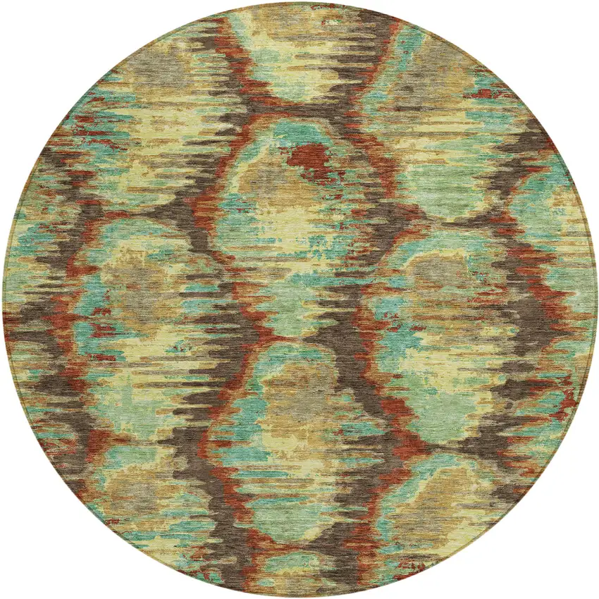 8' Brown Gold And Teal Blue Round Abstract Washable Indoor Outdoor Area Rug Photo 1