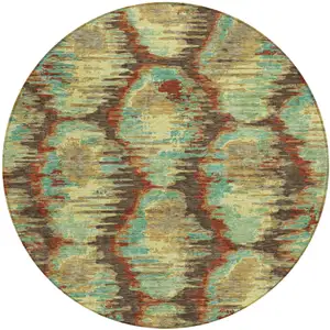 Photo of 8' Brown Gold And Teal Blue Round Abstract Washable Indoor Outdoor Area Rug