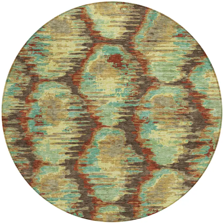 8' Brown Gold And Teal Blue Round Abstract Washable Indoor Outdoor Area Rug Photo 1