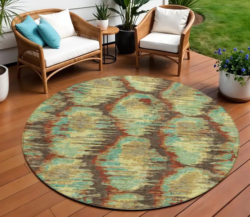 8' Brown Gold And Teal Blue Round Abstract Washable Indoor Outdoor Area Rug Photo 1