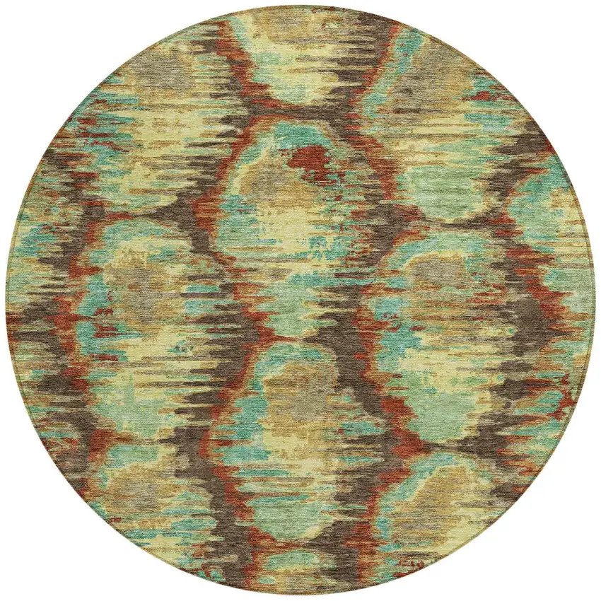 8' Brown Gold And Teal Blue Round Abstract Washable Indoor Outdoor Area Rug Photo 6