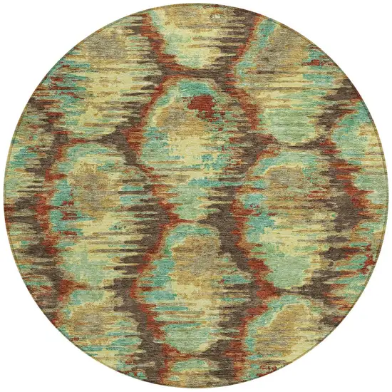 8' Brown Gold And Teal Blue Round Abstract Washable Indoor Outdoor Area Rug Photo 6