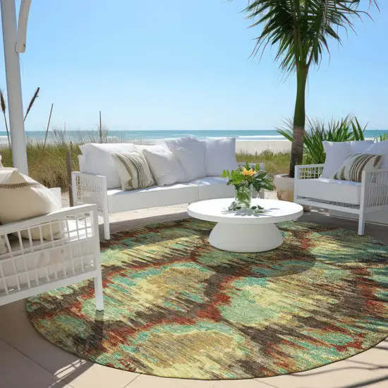 8' Brown Gold And Teal Blue Round Abstract Washable Indoor Outdoor Area Rug Photo 7