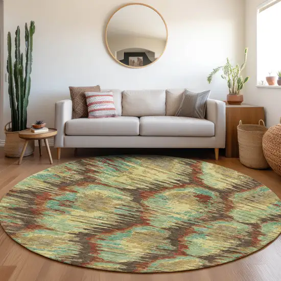 8' Brown Gold And Teal Blue Round Abstract Washable Indoor Outdoor Area Rug Photo 8