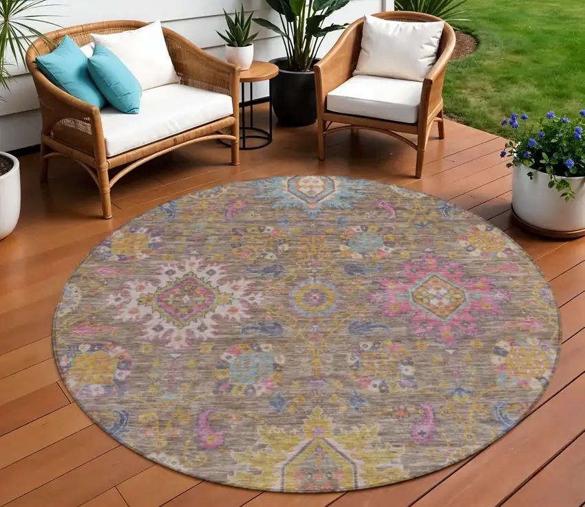 8' Brown Gold And Teal Blue Round Medallion Washable Indoor Outdoor Area Rug Photo 2