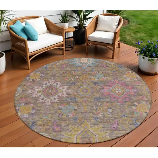 8' Brown Gold And Teal Blue Round Medallion Washable Indoor Outdoor Area Rug Photo 2