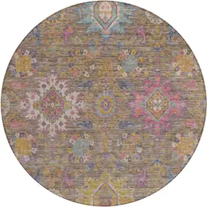 Photo of 8' Brown Gold And Teal Blue Round Medallion Washable Indoor Outdoor Area Rug
