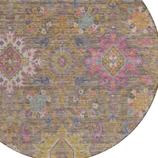 8' Brown Gold And Teal Blue Round Medallion Washable Indoor Outdoor Area Rug Photo 5