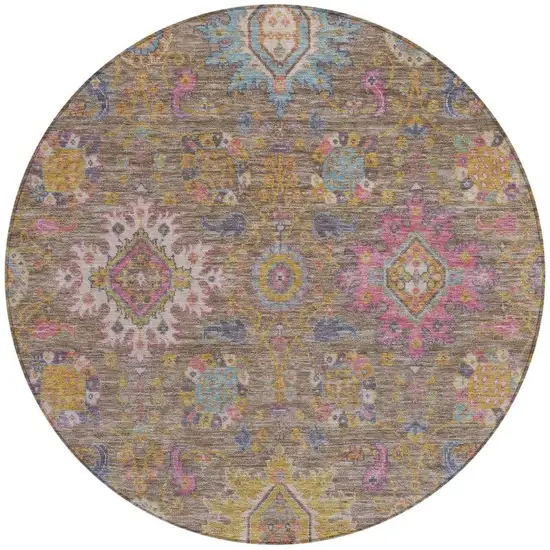 8' Brown Gold And Teal Blue Round Medallion Washable Indoor Outdoor Area Rug Photo 3
