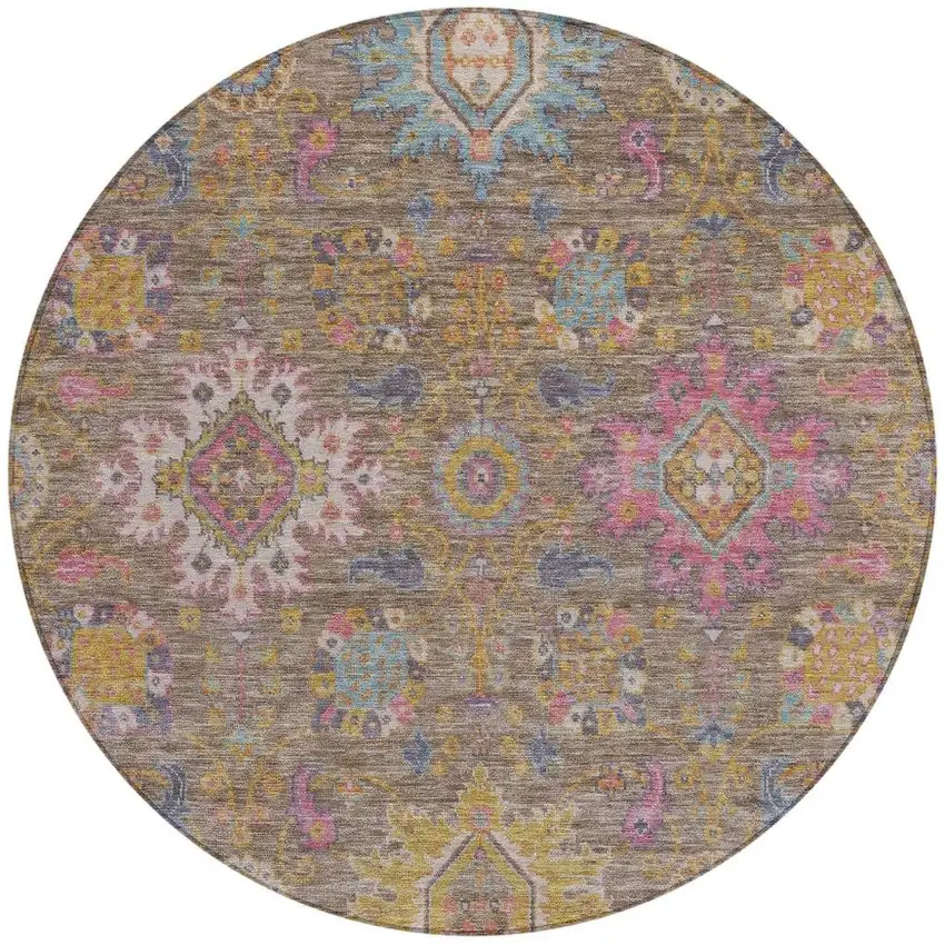 8' Brown Gold And Teal Blue Round Medallion Washable Indoor Outdoor Area Rug Photo 3