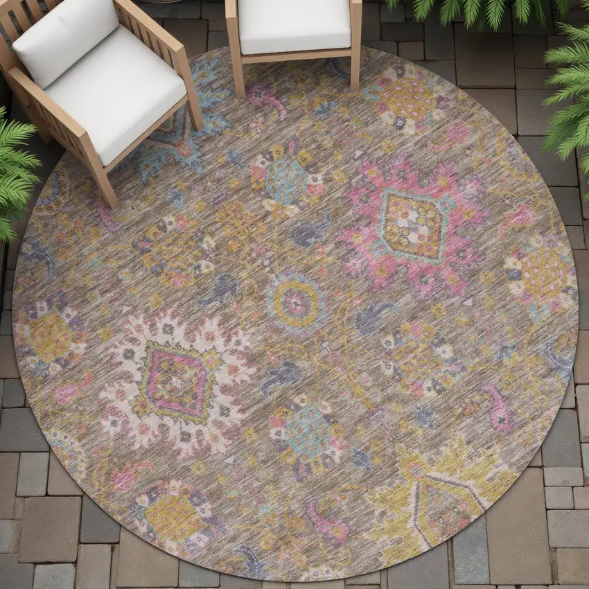 8' Brown Gold And Teal Blue Round Medallion Washable Indoor Outdoor Area Rug Photo 7