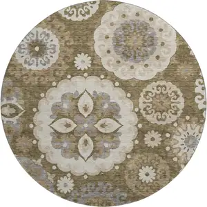 Photo of 8' Brown Gray And Beige Medallion Washable Round Rug With UV Protection