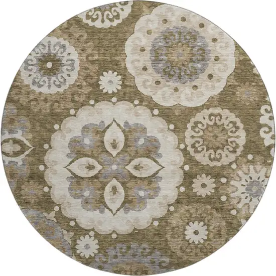 8' Brown Gray And Beige Medallion Washable Round Rug With UV Protection Photo 1