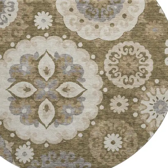 8' Brown Gray And Beige Medallion Washable Round Rug With UV Protection Photo 3