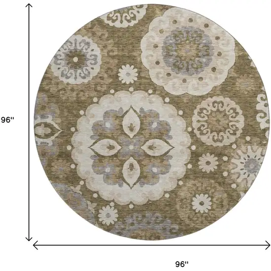 8' Brown Gray And Beige Medallion Washable Round Rug With UV Protection Photo 3