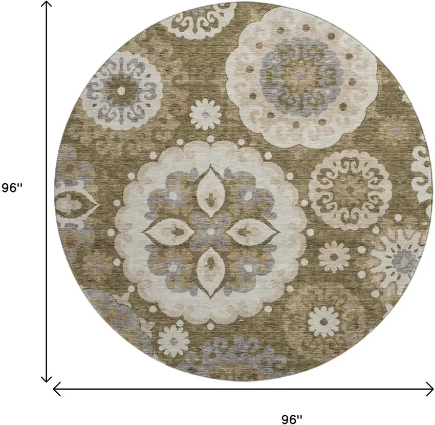 8' Brown Gray And Beige Medallion Washable Round Rug With UV Protection Photo 3
