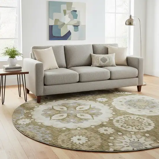 8' Brown Gray And Beige Medallion Washable Round Rug With UV Protection Photo 2