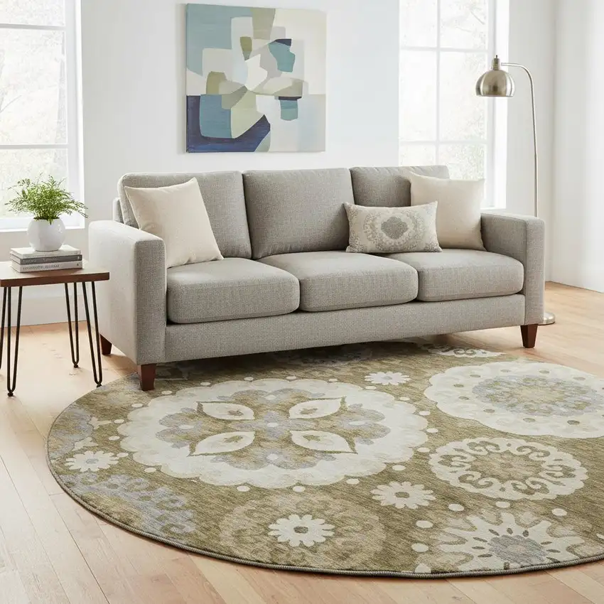 8' Brown Gray And Beige Medallion Washable Round Rug With UV Protection Photo 2