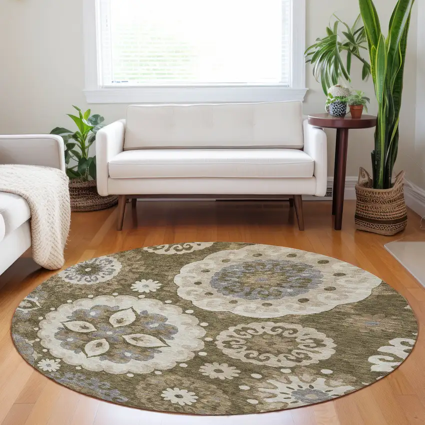 8' Brown Gray And Beige Medallion Washable Round Rug With UV Protection Photo 5