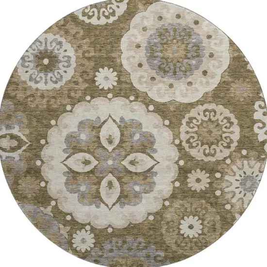 8' Brown Gray And Beige Medallion Washable Round Rug With UV Protection Photo 4