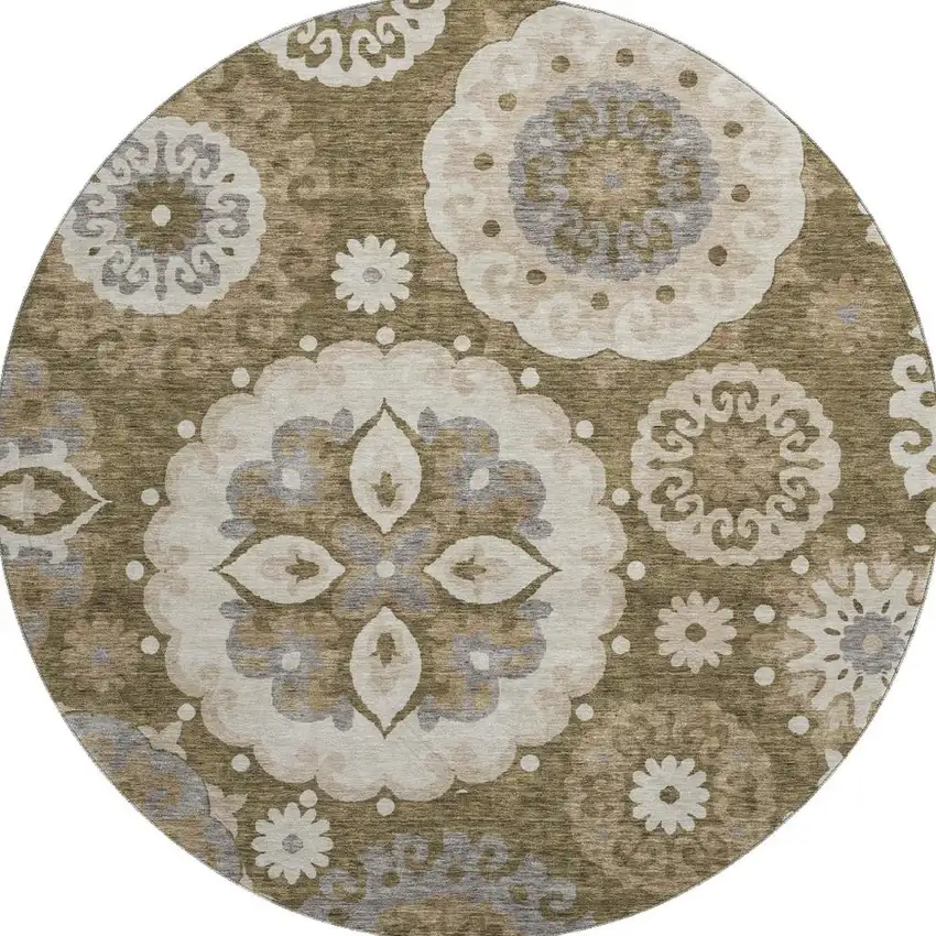 8' Brown Gray And Beige Medallion Washable Round Rug With UV Protection Photo 4