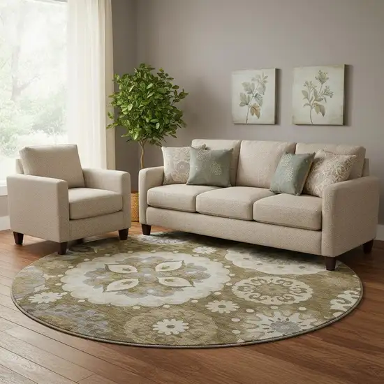 8' Brown Gray And Beige Medallion Washable Round Rug With UV Protection Photo 1
