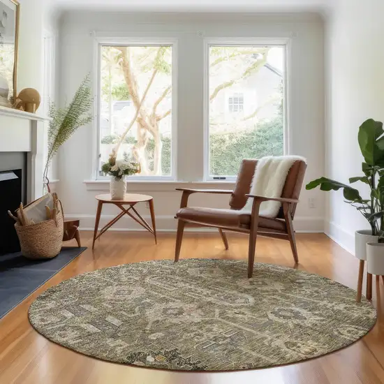 8' Brown Gray And Beige Oriental Washable Round Rug With UV Protection Photo 4
