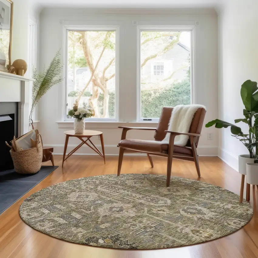 8' Brown Gray And Beige Oriental Washable Round Rug With UV Protection Photo 4