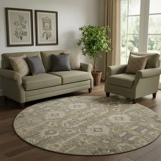 8' Brown Gray And Beige Oriental Washable Round Rug With UV Protection Photo 1