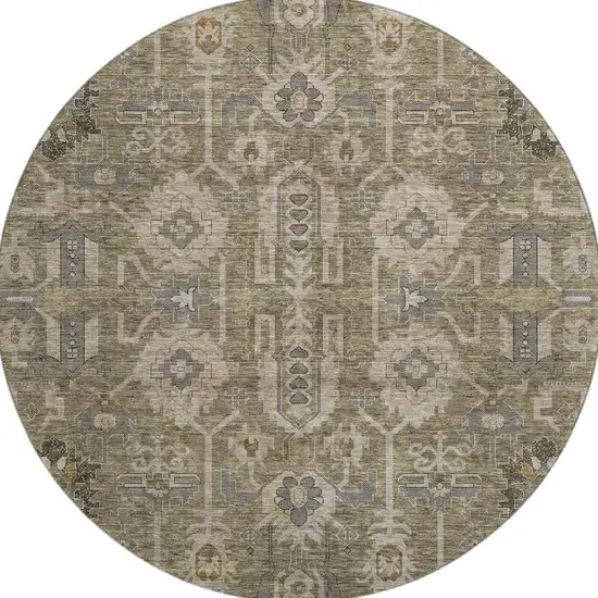 8' Brown Gray And Beige Oriental Washable Round Rug With UV Protection Photo 3