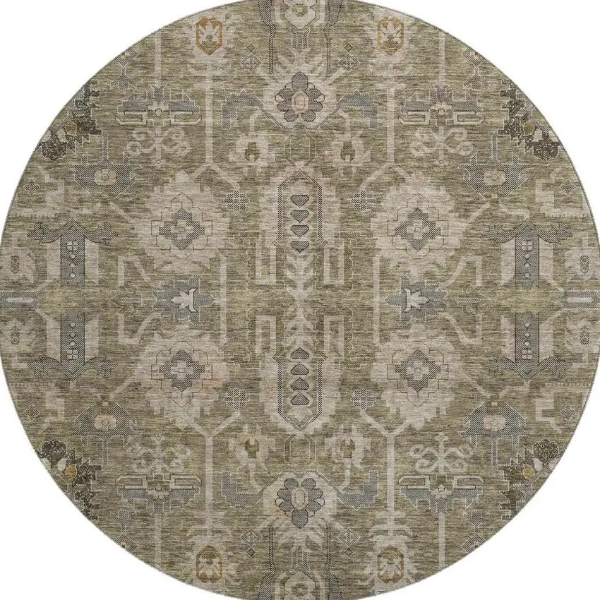 8' Brown Gray And Beige Oriental Washable Round Rug With UV Protection Photo 3