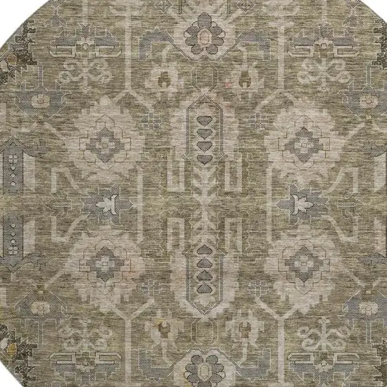 8' Brown Gray And Beige Oriental Washable Round Rug With UV Protection Photo 2