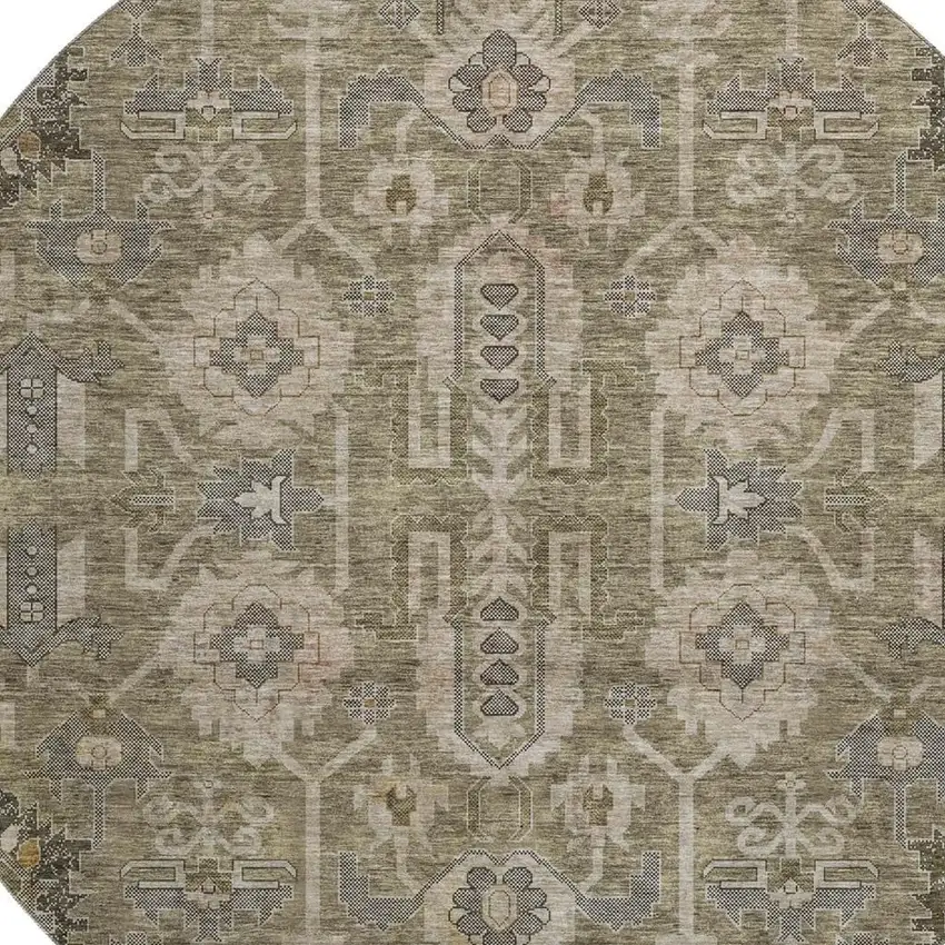 8' Brown Gray And Beige Oriental Washable Round Rug With UV Protection Photo 2