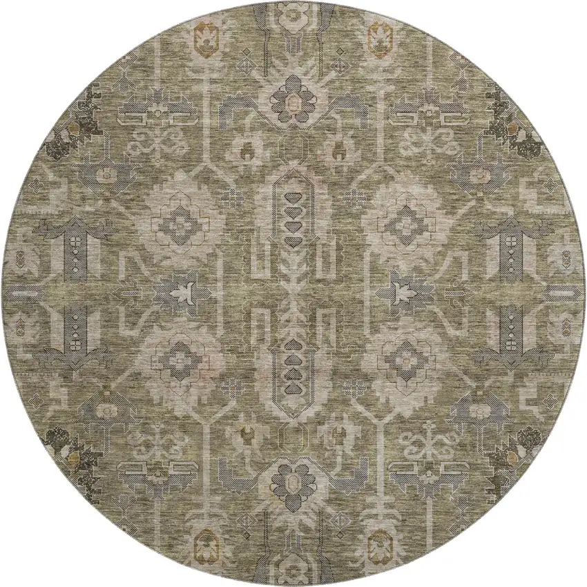 8' Brown Gray And Beige Oriental Washable Round Rug With UV Protection Photo 1