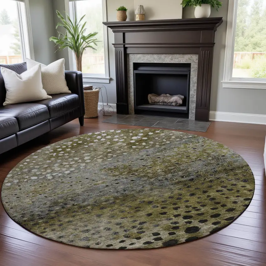 8' Brown Gray And Beige Polka Dot Washable Round Rug With UV Protection Photo 4