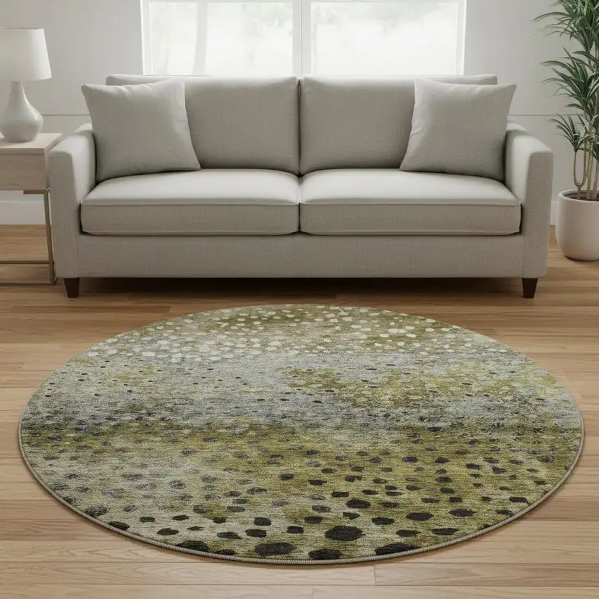 8' Brown Gray And Beige Polka Dot Washable Round Rug With UV Protection Photo 2